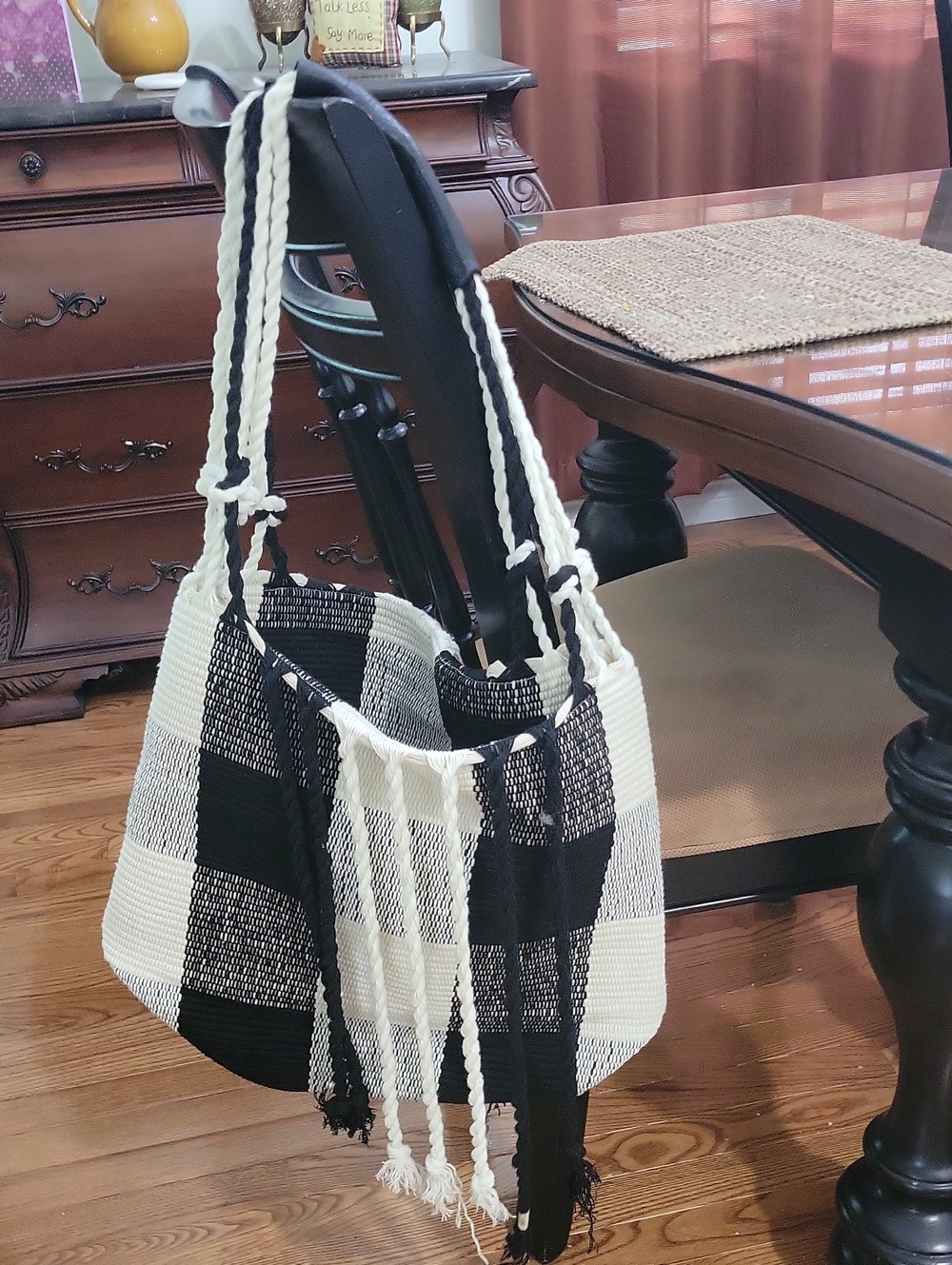 Jen & Co NWT. Handwoven Check Drawstring Tote Bag - Black & White